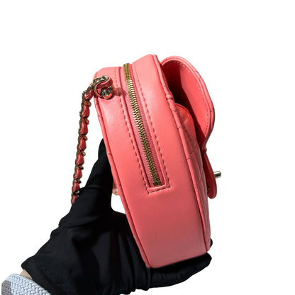 Used CHANEL Lambskin Leather HEART Cross Body Bag Pink GHW