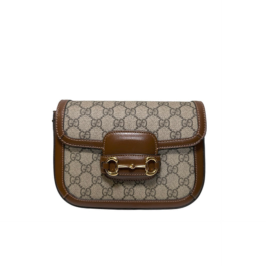 Used GUCCI GG CANVAS PVC Horsebit 1955 mini shoulder Shoulder Bag Brown GHW