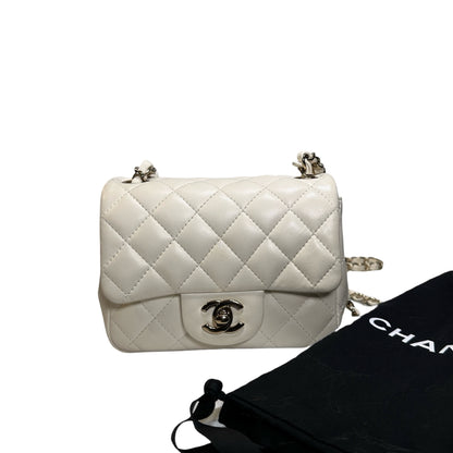 Used CHANEL Quilted Lambskin Classic Mini Rectangular Flap Bag Chain Shoulder Bag White GHW