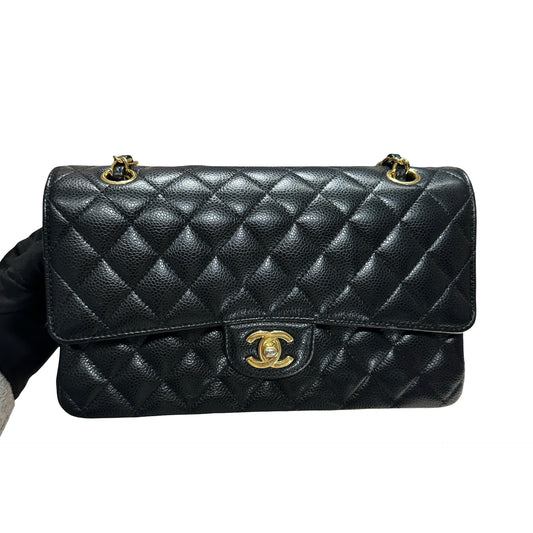 Used CHANEL Quilted Caviar Classic Flap Chain Shoulder Bag Black Gold