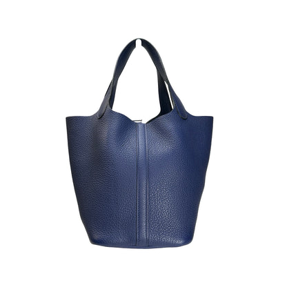 Used HERMES Clemence Leather Picotin 18 Bucket Bag Blue PHW