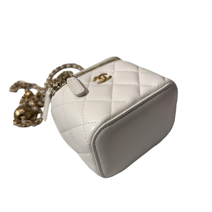 Used CHANEL Lambskin Leather Vanity Case with Gold Ball Cross Body Bag White GHW