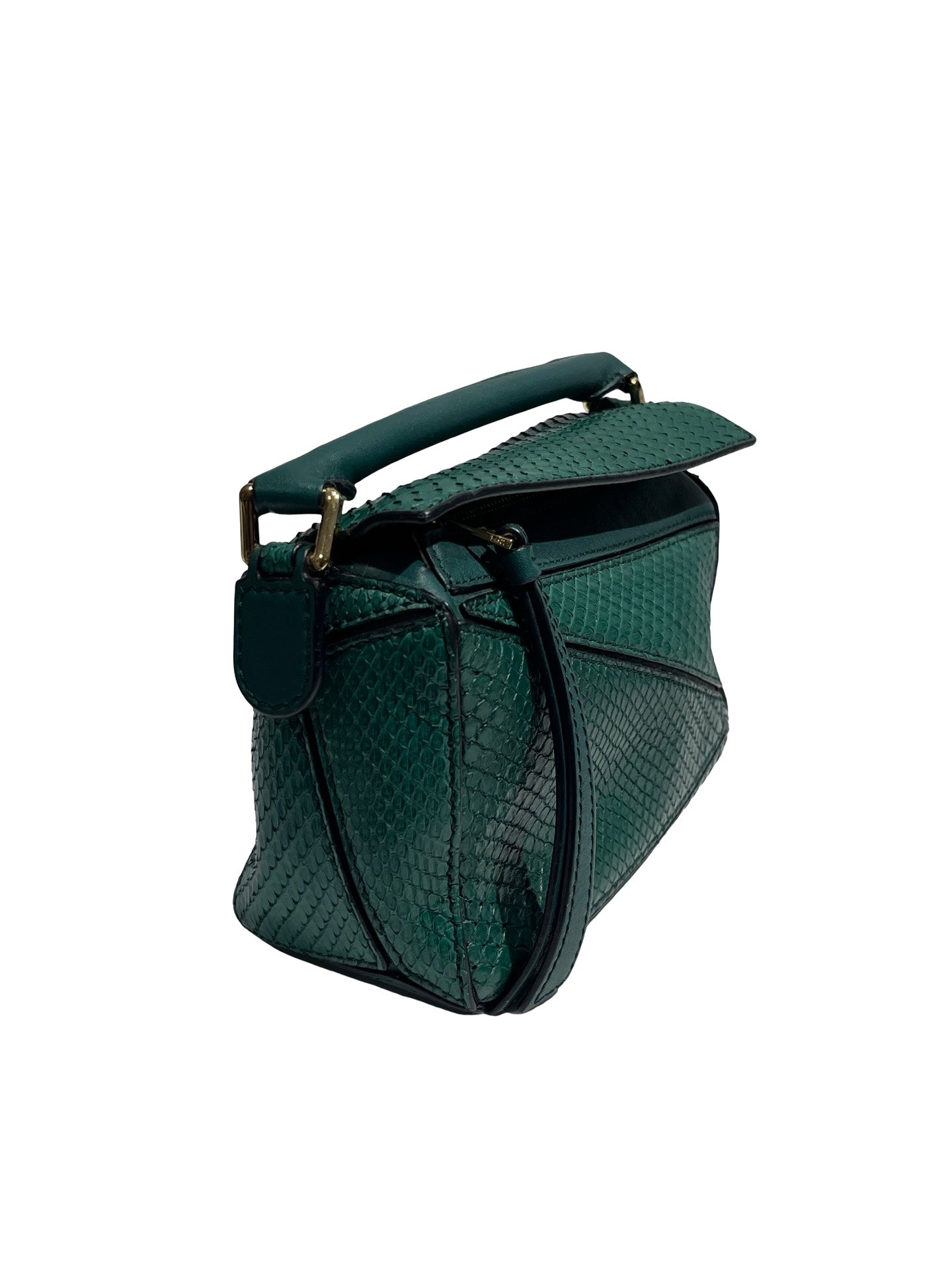 Used LOEWE Python Leather Puzzle Mini Crossbody Bag Green