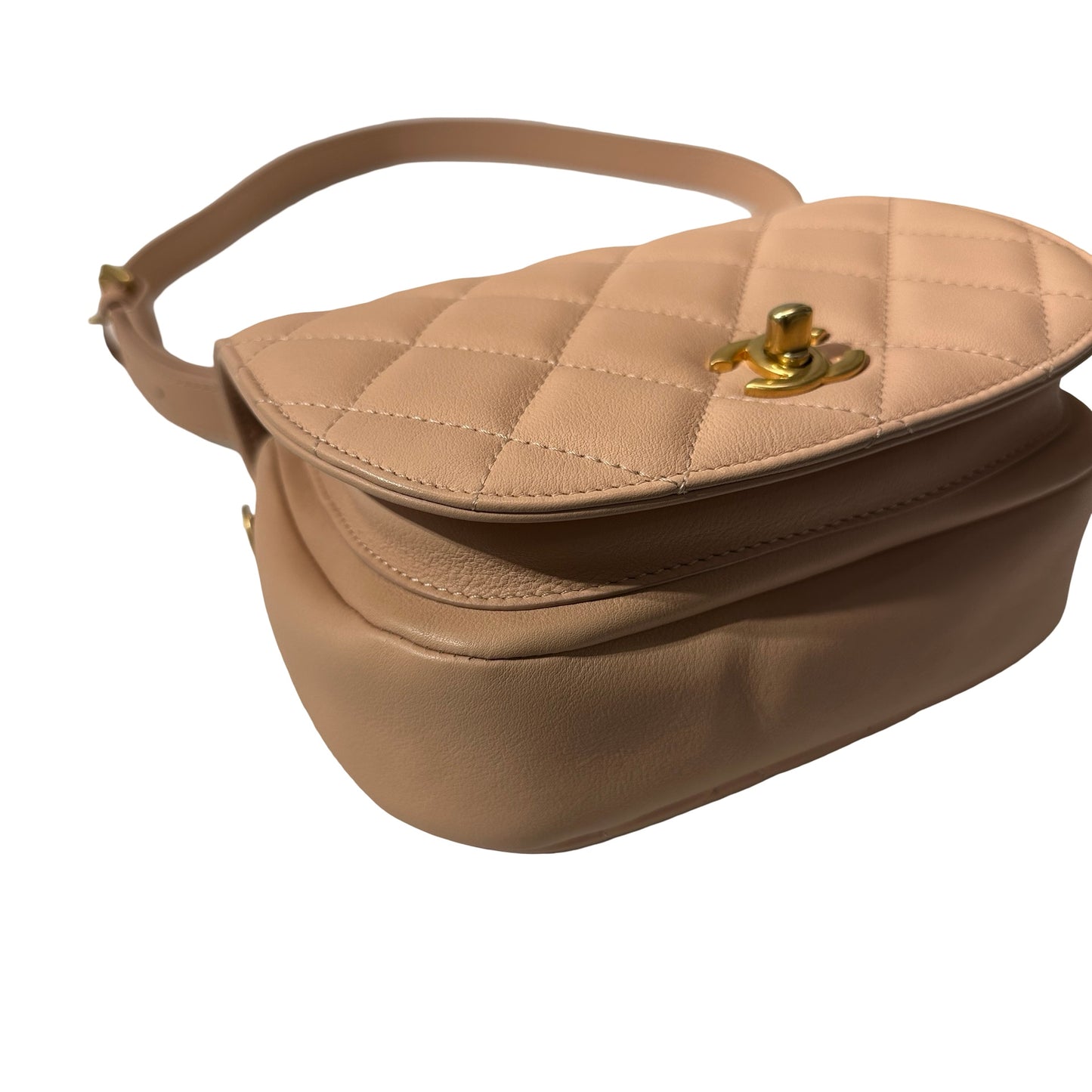 Used CHANEL Calfskin Leather 21S Messenger Bag Beige GHW