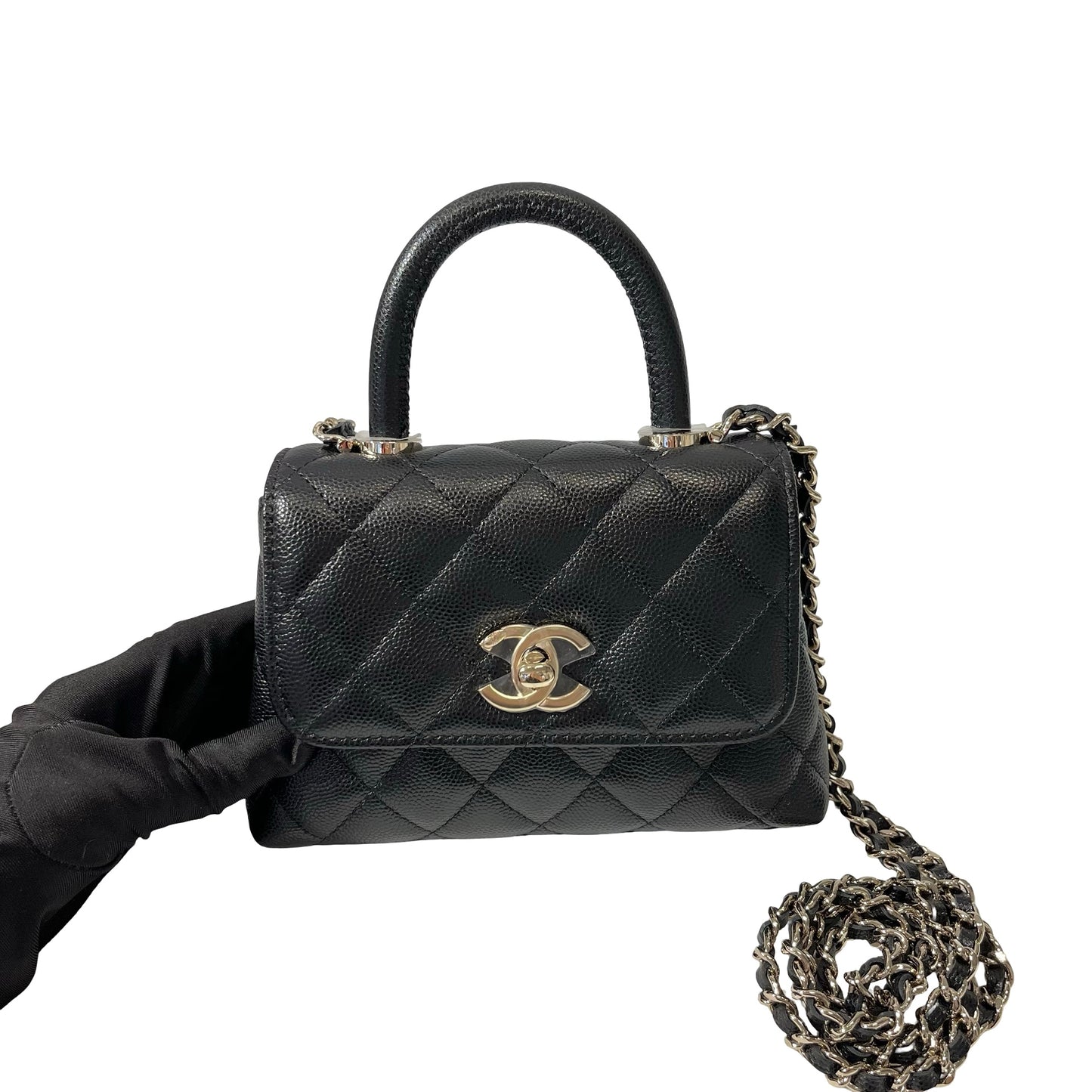 Used CHANEL Calfskin Leather Nano Coco Handle Shoulder Bag Black GHW