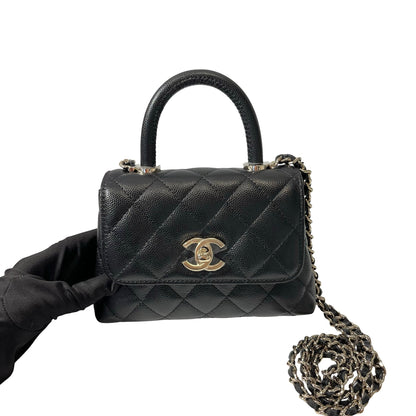 Used CHANEL Calfskin Leather Nano Coco Handle Shoulder Bag Black GHW