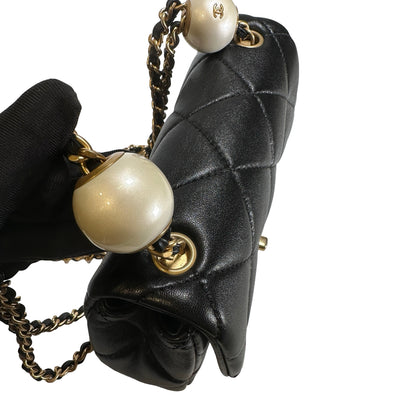 Used CHANEL Lambskin Quilted Mini Flap Bag Pearl Crush Mini Flag Bag with Gold Ball Black Gold