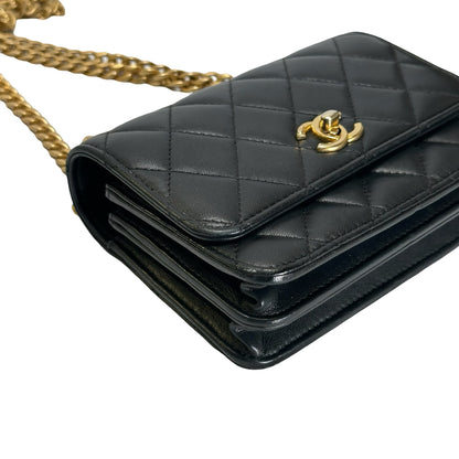 Used CHANEL Quilted Lambskin Mini Flap Bag Mini Flag Bag with Gold Ball Black Gold
