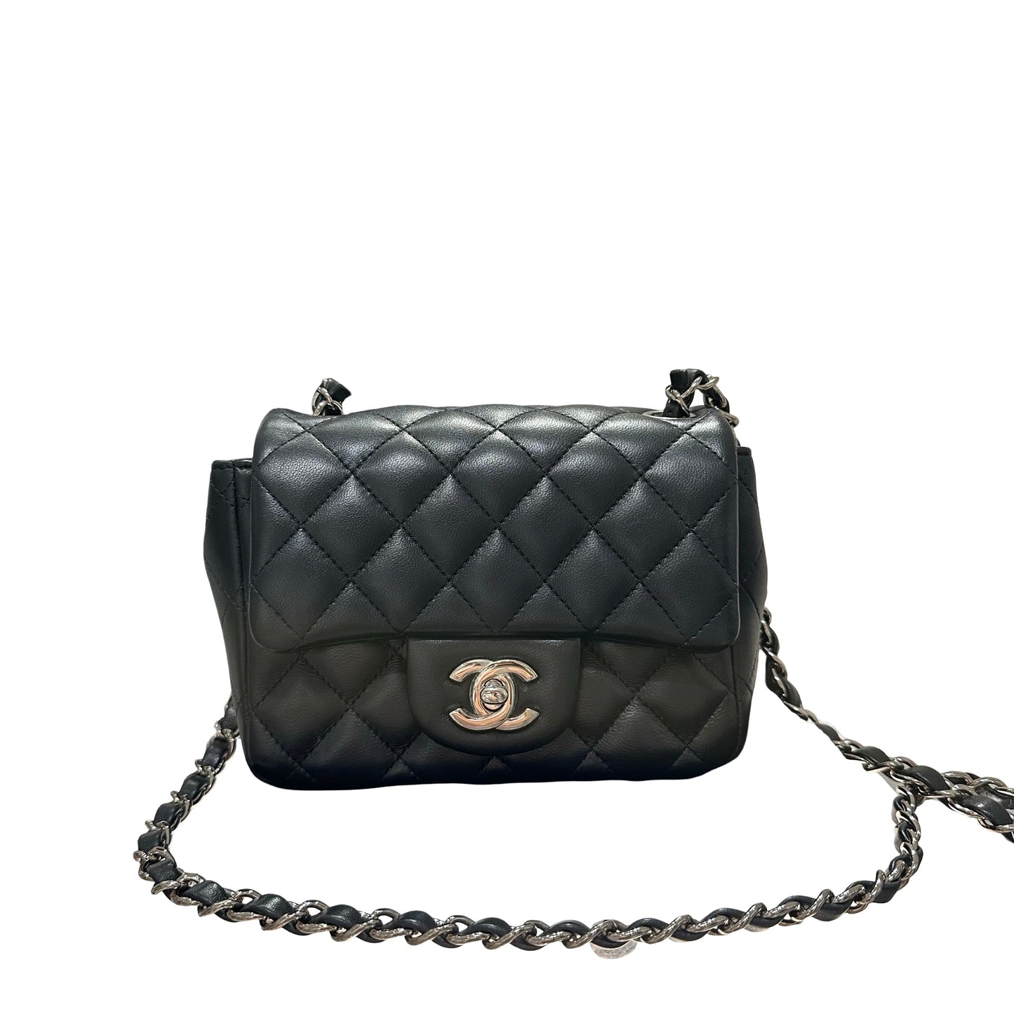 Used CHANEL Lambskin Leather Mini flap 17cm Cross Body Bag Black PHW