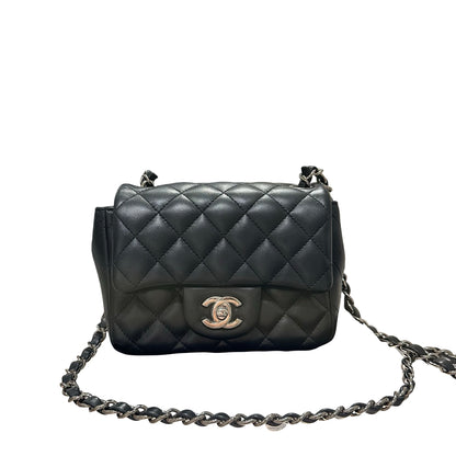 Used CHANEL Lambskin Leather Mini flap 17cm Cross Body Bag Black PHW