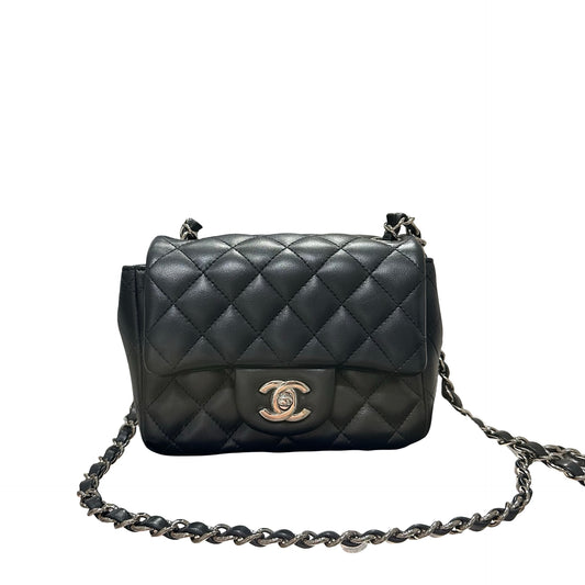 Used CHANEL Lambskin Leather Mini flap 17cm Cross Body Bag Black PHW