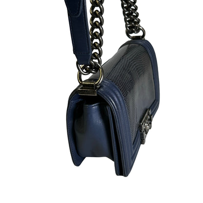 Used CHANEL Lizard Calfskin Boy Bag Shoulder Bag Navy Blue