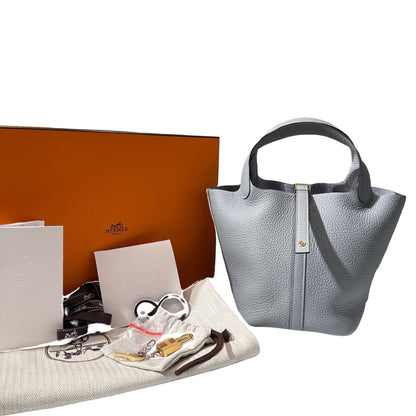 Used HERMÈS Clemence leather Picotin 18 Bucket Bag po gris pantin GHW