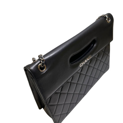 Used CHANEL Quilted Leather Quilted Top Handle Flap Bag Handbag Black Silver