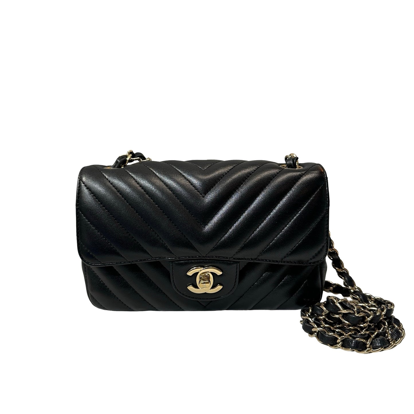 Used CHANEL Chevron Lambskin Leather Mini Square Flap Chain Shoulder Bag Black GHW