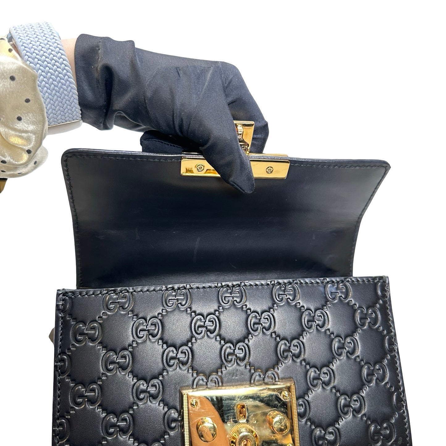 Used GUCCI Calfskin Leather Padlock Shoulder Bag Black GHW