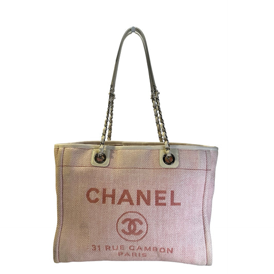 Used CHANEL Canvas Deauville Tote Bag Pink Silver