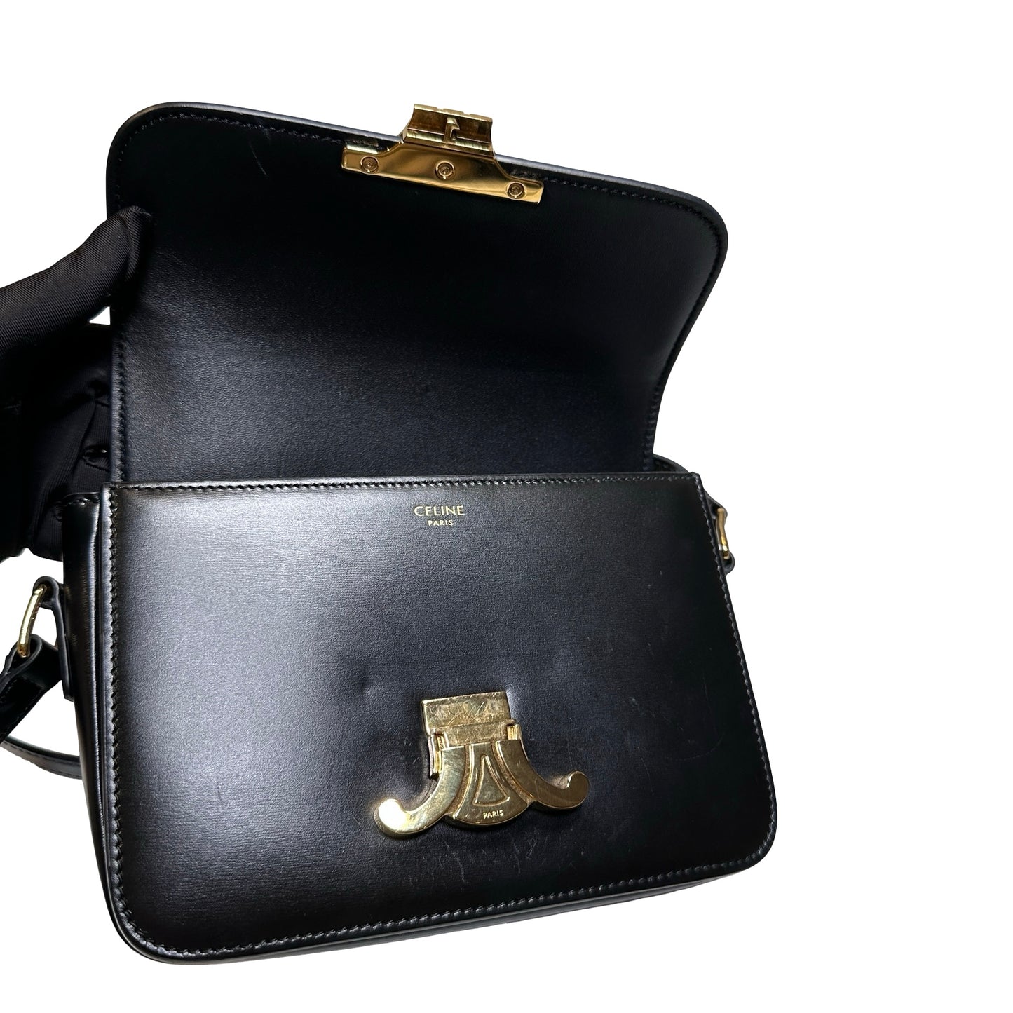Used CÉLINE Calfskin Leather TEEN TRIOMPHE Cross Body Bag Black GHW