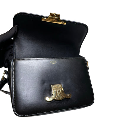 Used CÉLINE Calfskin Leather TEEN TRIOMPHE Cross Body Bag Black GHW