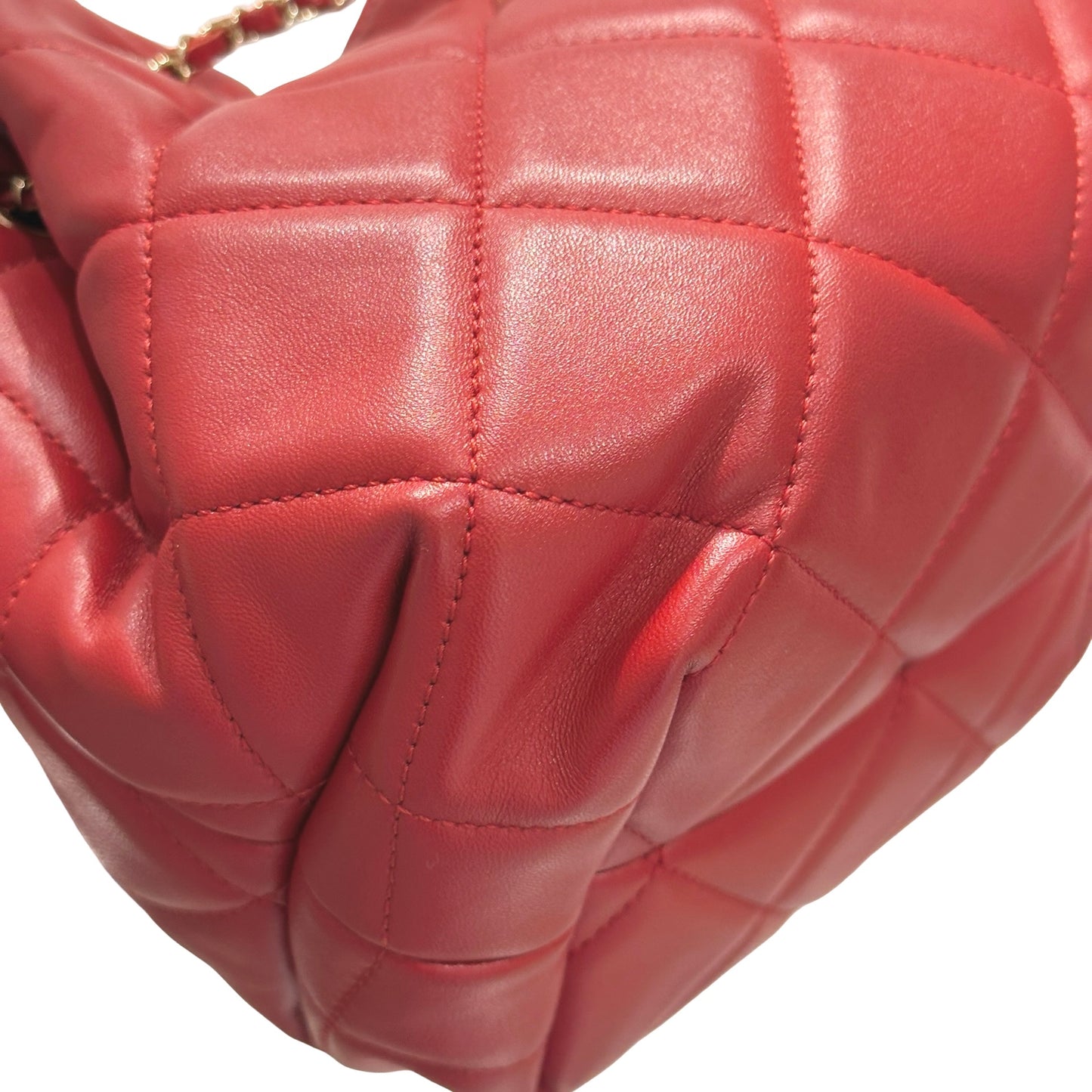 Used CHANEL Lambskin Leather MINI DRAWSTRING BUCKET Cross Body Bag Red