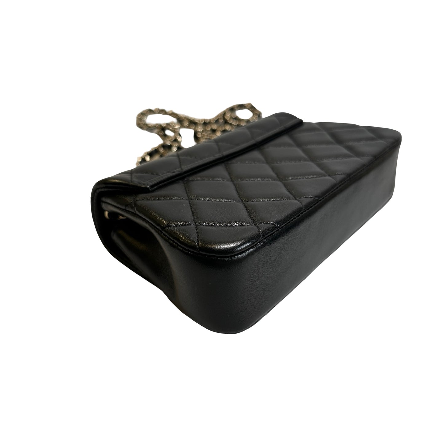 Used CHANEL Quilted Lambskin Mini Rectangular Flap Bag Chain Shoulder Bag Black Gold