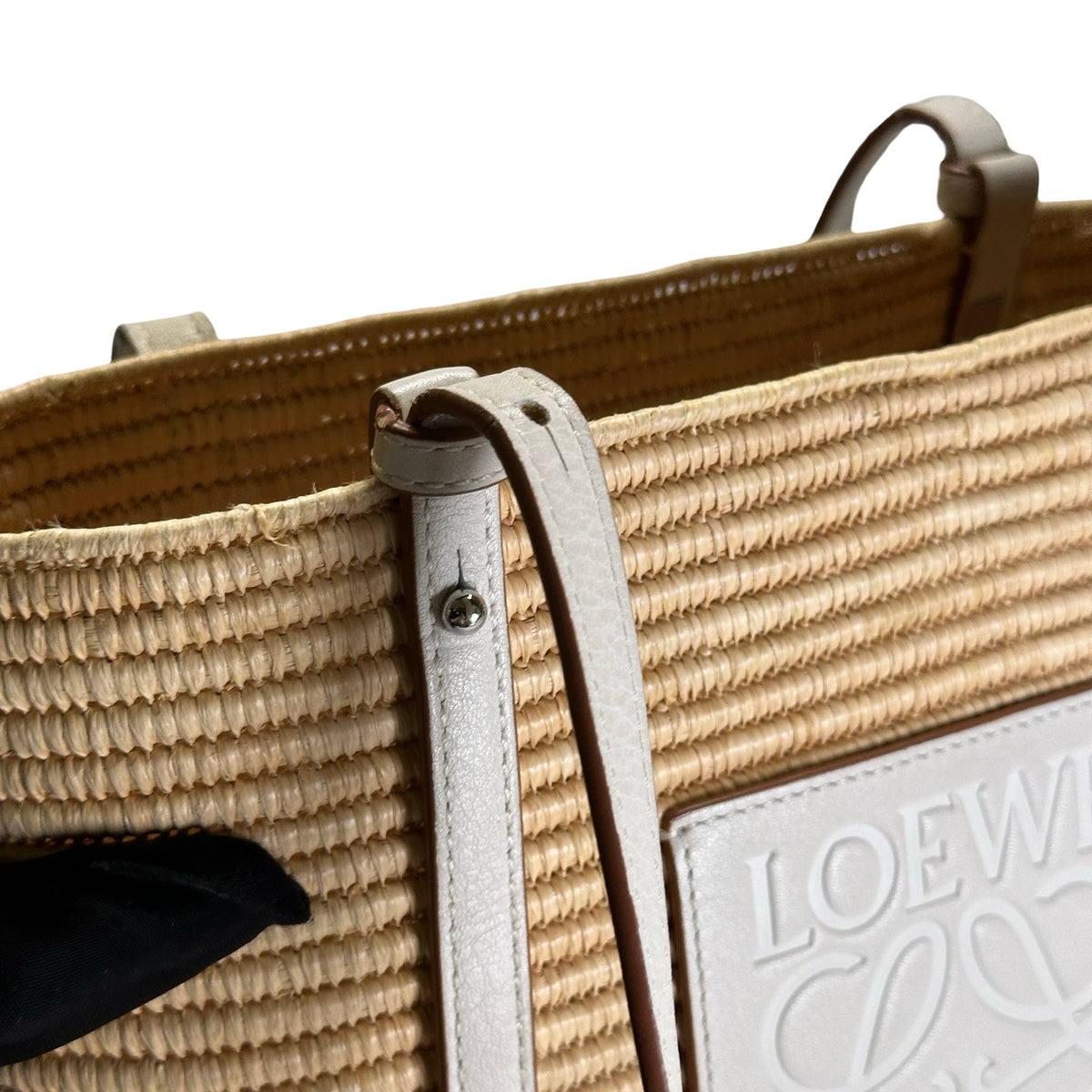 Used LOEWE Raffia Calfskin Square Basket Basket Bag Natural White