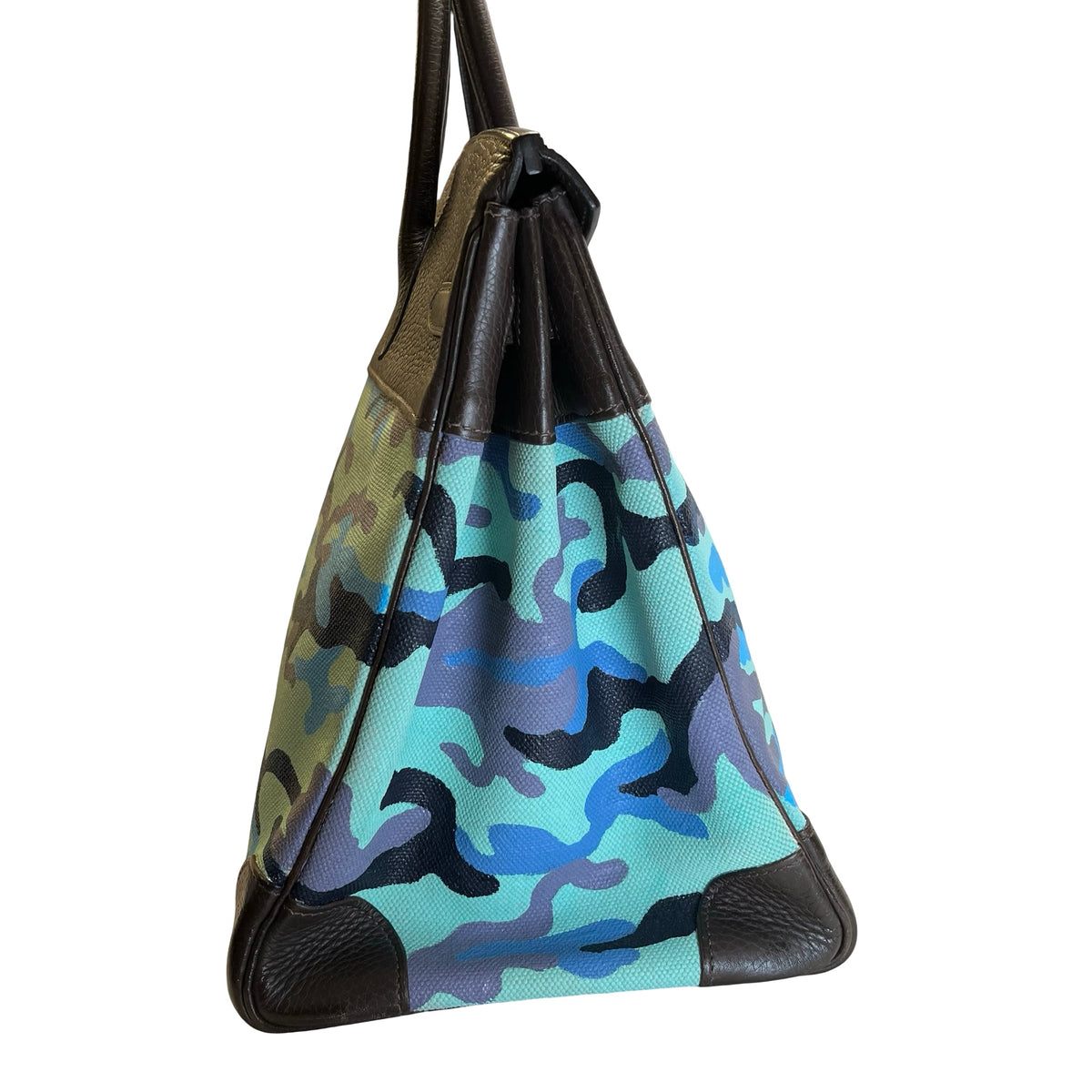 Used HERMES Camouflage Leather Toile HAC Birkin 35 Handbag Brown Blue Green