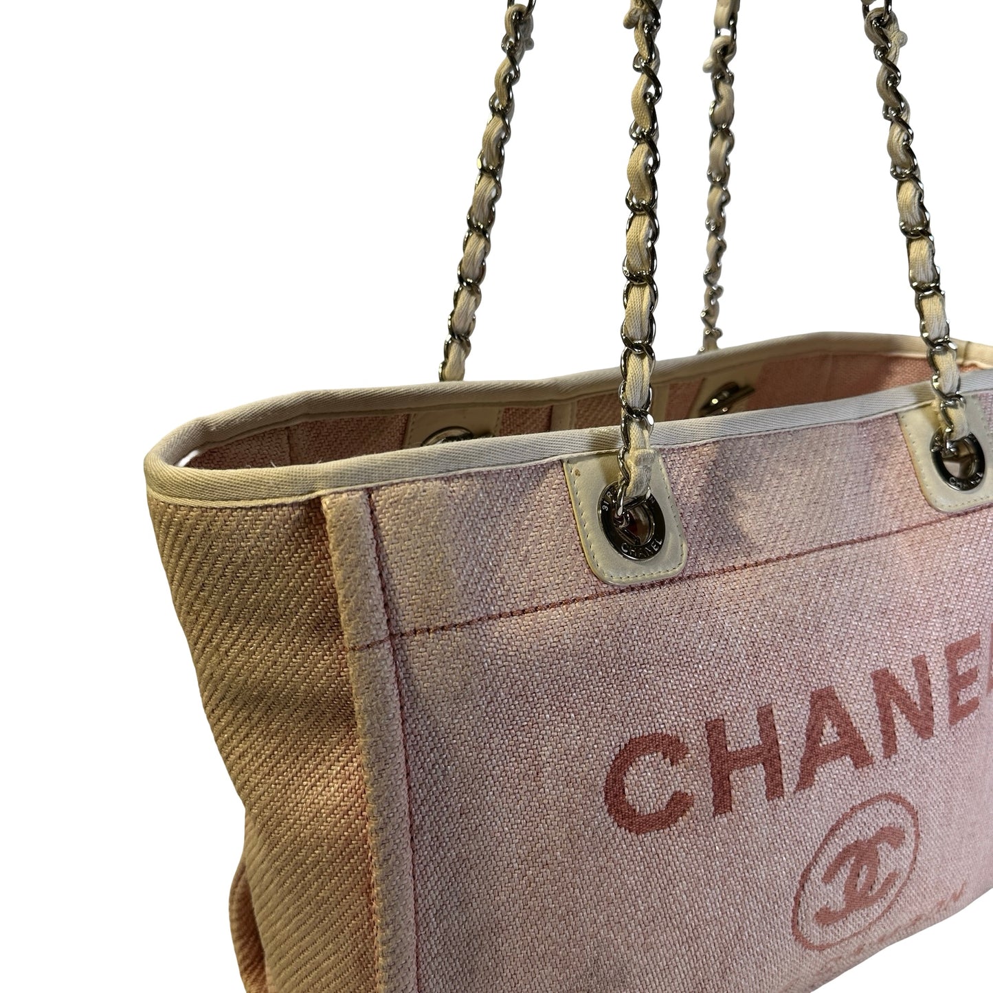 Used CHANEL Canvas Deauville Tote Bag Pink Silver
