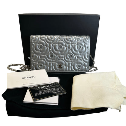 Used CHANEL Camellia Leather woc Wallet on chain Silver，Phw