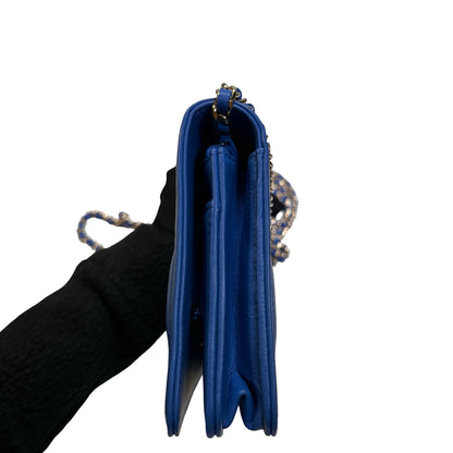 Used Chanel Lambskin Leather WOC Chain Shoulder Bag Navy Blue GHW