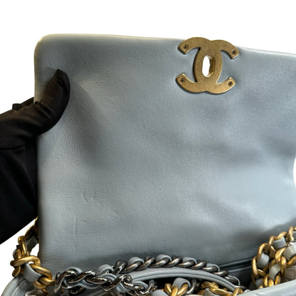 Used CHANEL Lambskin Quilted Chanel 19 Chain Shoulder Bag Light Blue Gold