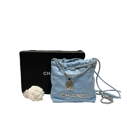 Used CHANEL 22 mini Cross Body Bag Baby Blue GHW