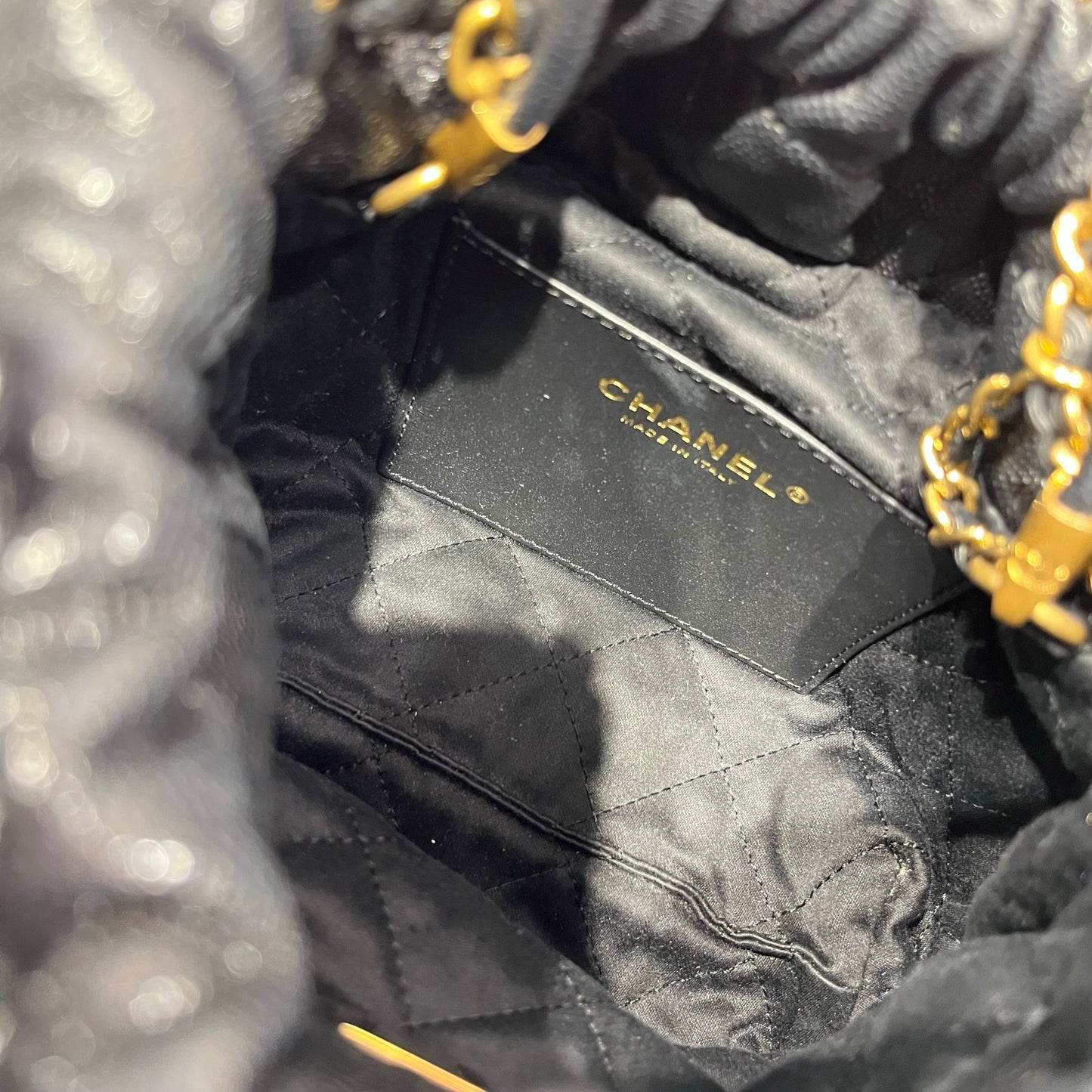 Used CHANEL Calfskin Leather Mini 22 Bucket Bag Black GHW
