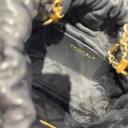 Used CHANEL Calfskin Leather Mini 22 Bucket Bag Black GHW