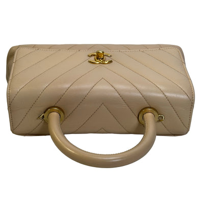 Used CHANEL Chevron Coco Handle Handbag Beige GHW