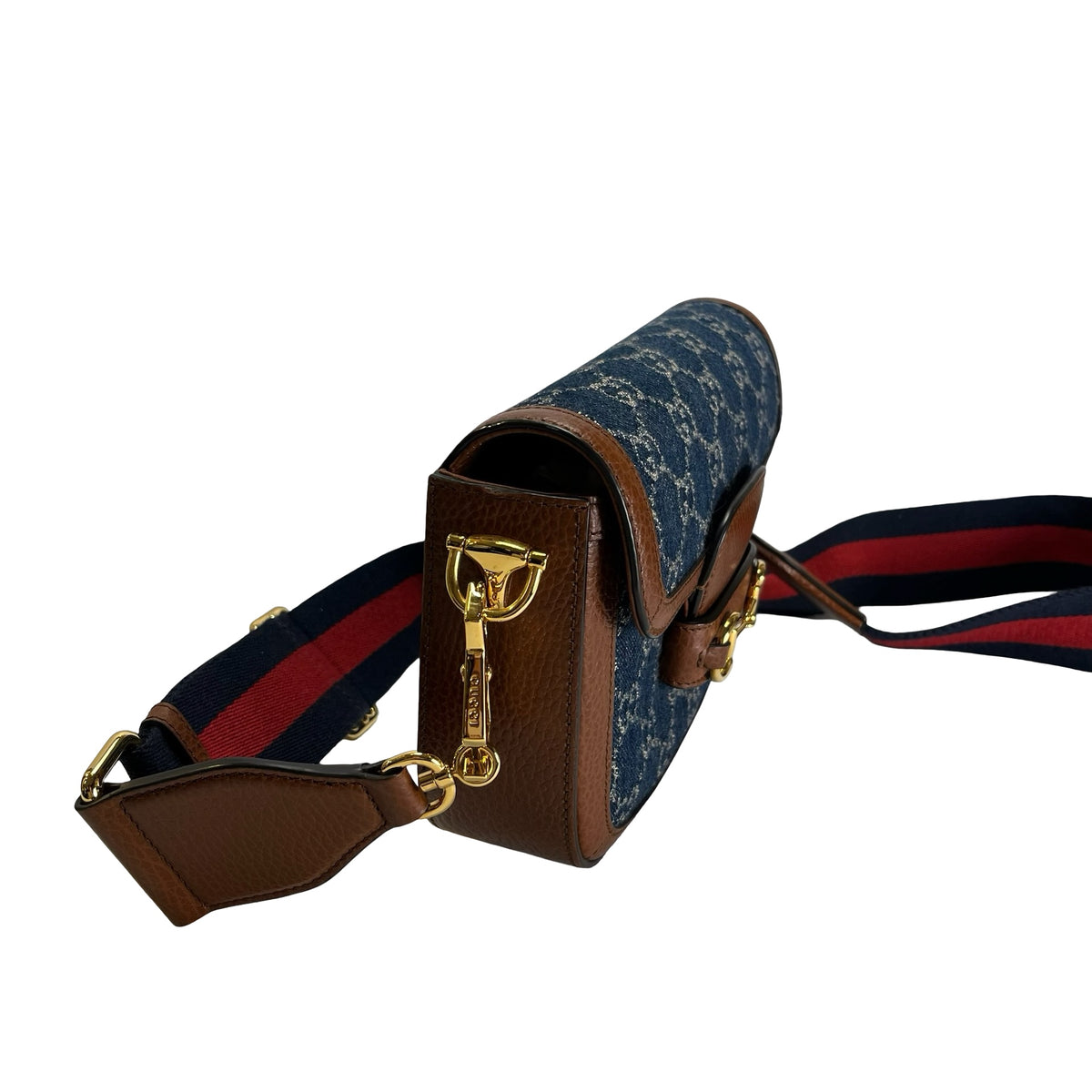 Used GUCCI GG Canvas Leather Trim Horsebit 1955 Mini Bag Shoulder Bag Blue Brown