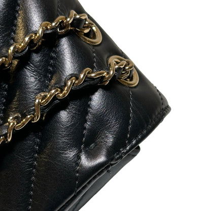 Used CHANEL Chevron Lambskin Chevron Flap Bag Chain Shoulder Bag Black Gold