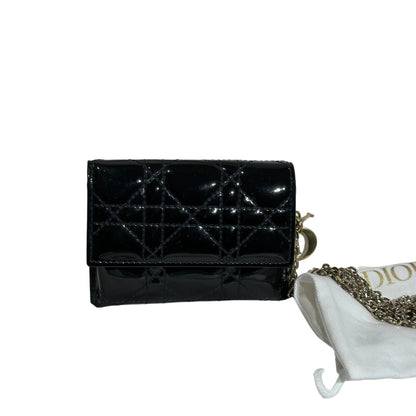 Used DIOR Cannage Patent Leather LADY DIOR NANO POUCH with CHAIN Chain Shoulder Bag Black GHW
