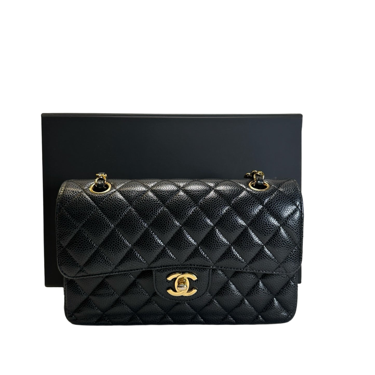 Used CHANEL Quilted Caviar Classic Flap Shoulder Bag Black Gold