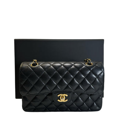 Used CHANEL Quilted Caviar Classic Flap Shoulder Bag Black Gold