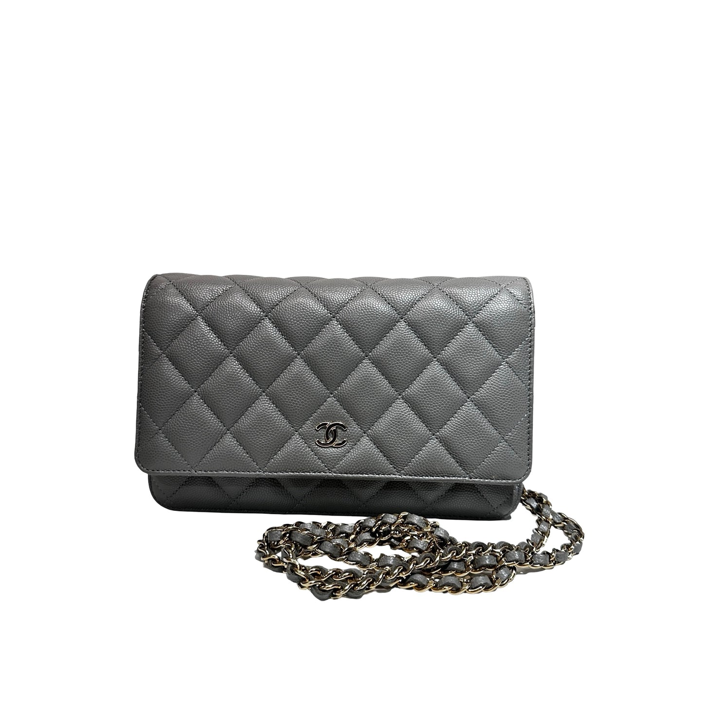 Used CHANEL Caviar Leather WOC Calf Skin Cross Body Bag Grey PHW