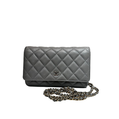 Used CHANEL Caviar Leather WOC Calf Skin Cross Body Bag Grey PHW