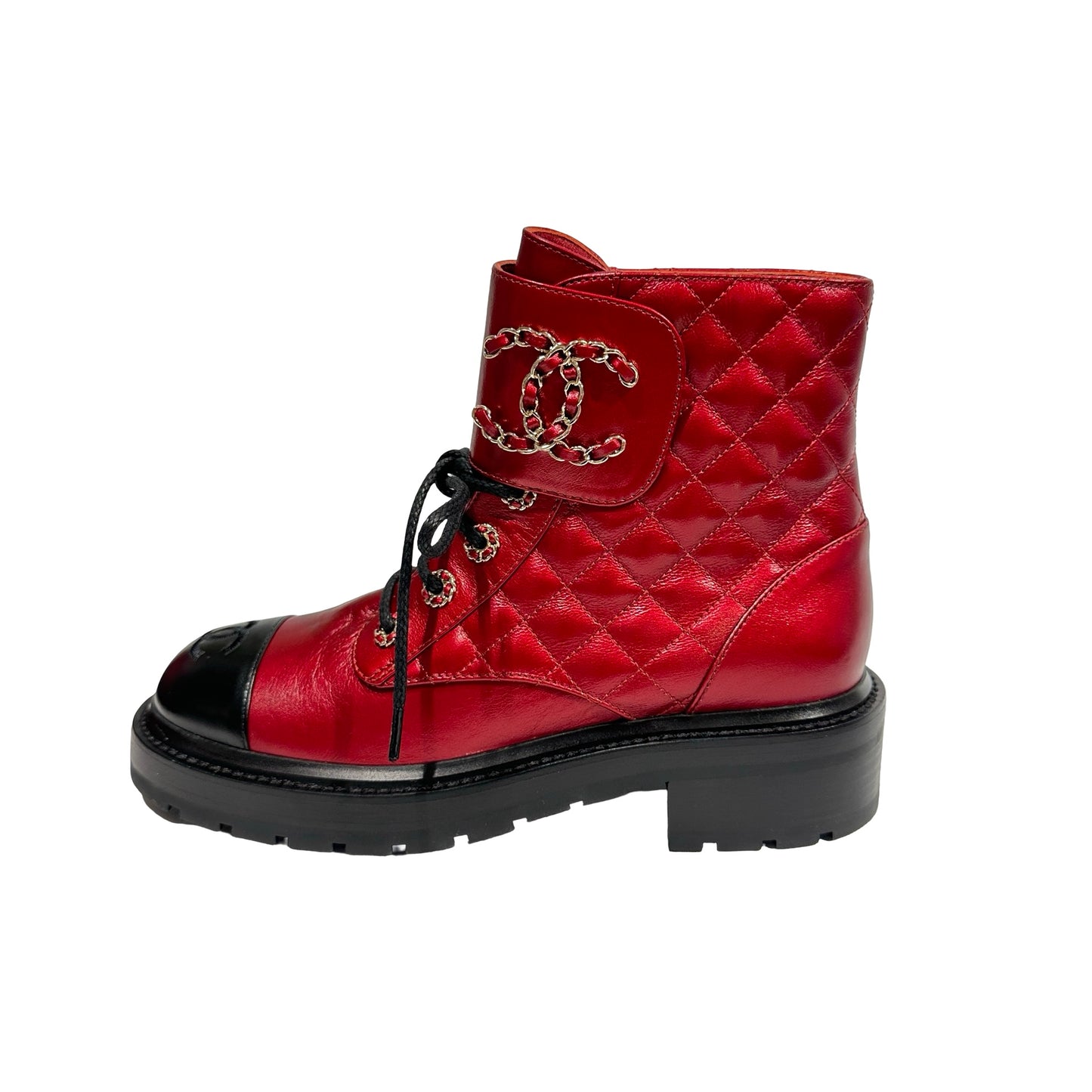 Used CHANEL Calfskin Leather Lace Up Combat Boots Shoes Red Black GHW