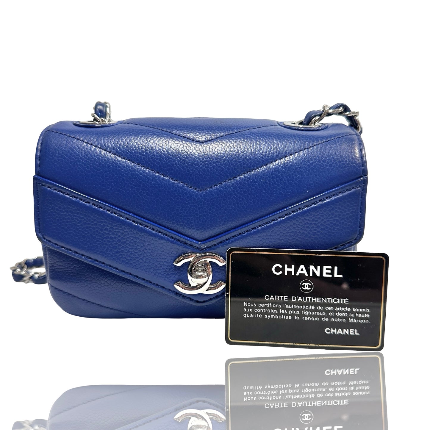 Used CHANEL Calfskin Leather FLAP Cross Body Bag Navy Blue PHW