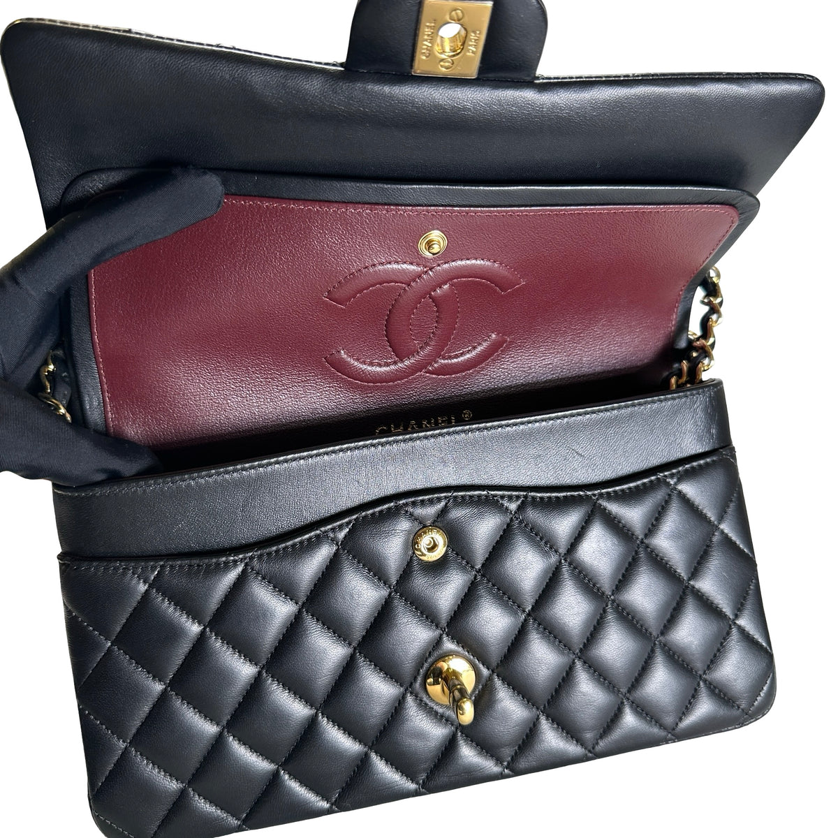 Used CHANEL Quilted Lambskin Classic Flap Chain Shoulder Bag Black Gold