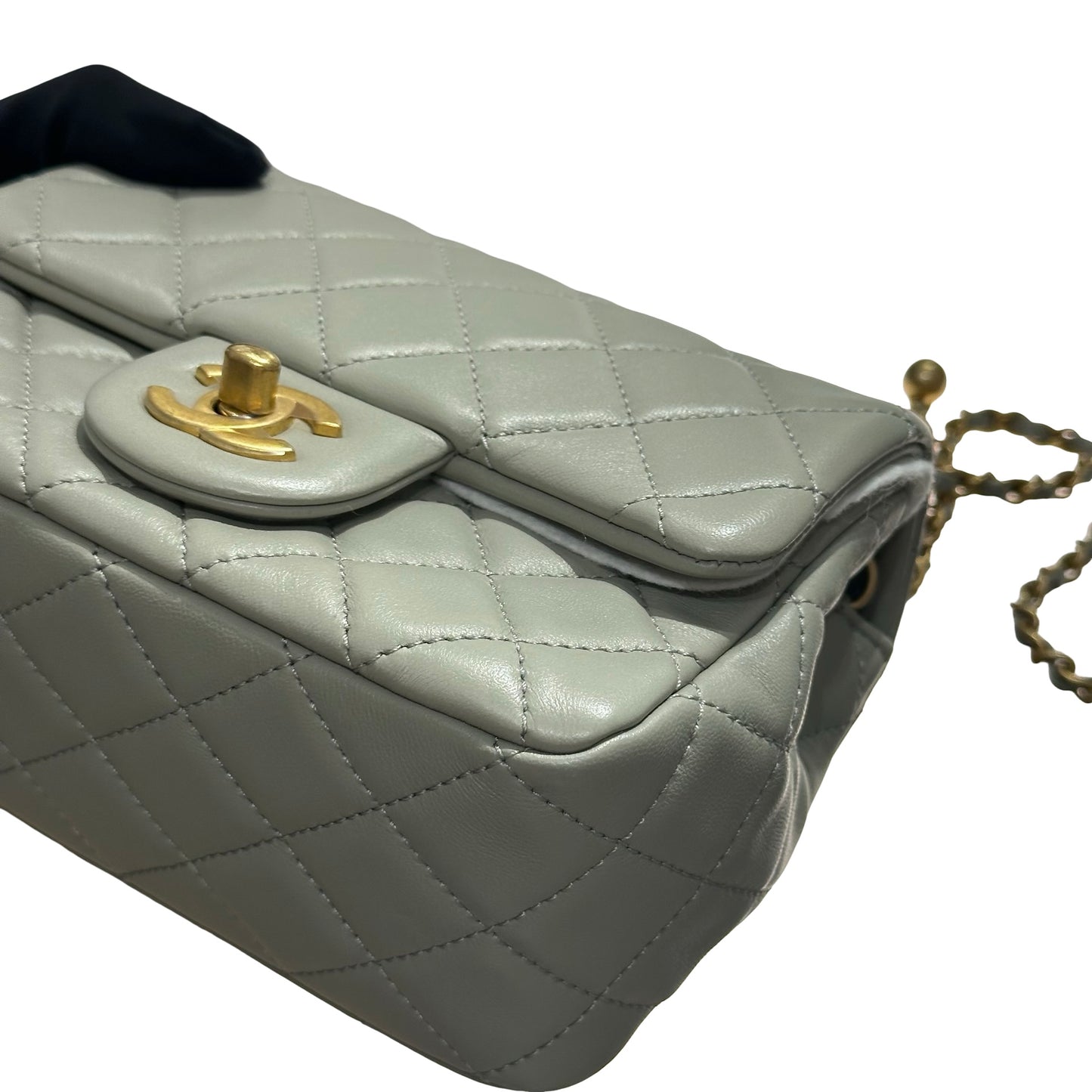 Unused CHANEL Min Flap 17cm with Gold Ball Cross Body Bag Grey GHW