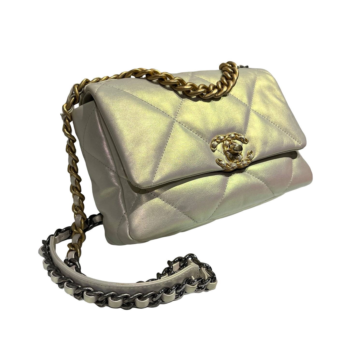 CHANEL 19 SMALL SIZE IRIDESCENT WHITE GHW CHAIN SHOUDLER BAG[3001186]