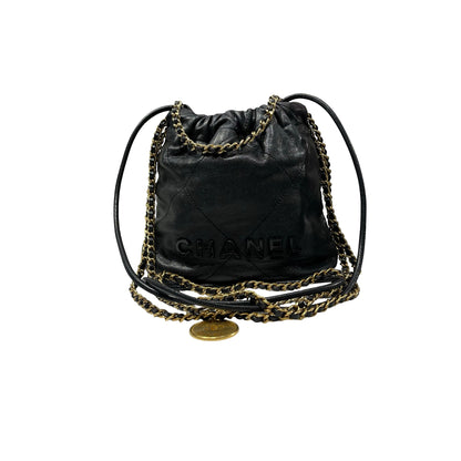 Used CHANEL Calfskin Leather Mini 22 Bucket Bag Black GHW