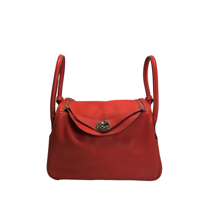 Used HERMES Clemence Lindy 26 Handbag Red PHW