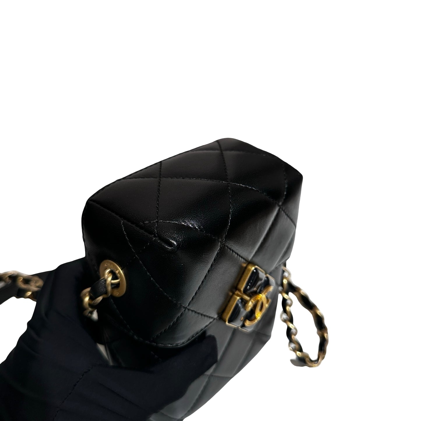 Used CHANEL Lambskin Leather Plexi Box Shoulder Bag Black GHW